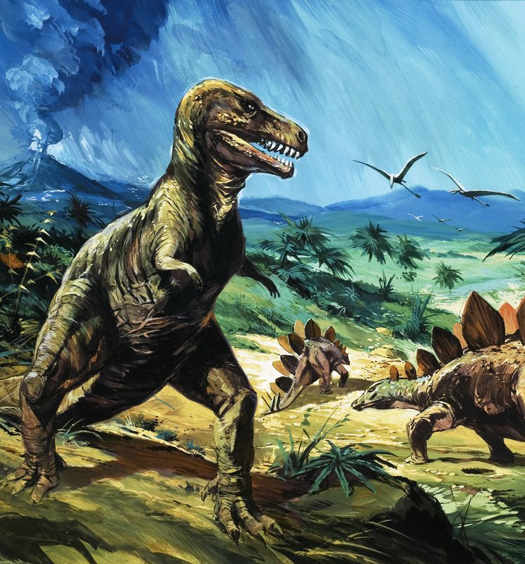Tunnistamaton dinosauruskohtaus T-Rexin ja Stegosauruksen kanssa tekijältä English School