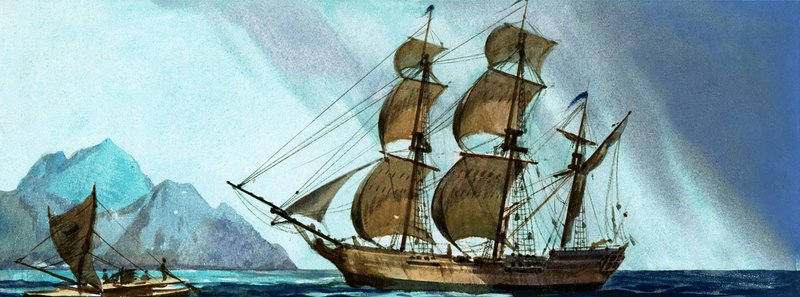 Tuntematon purjelaiva lähestyy saarta tekijältä English School
