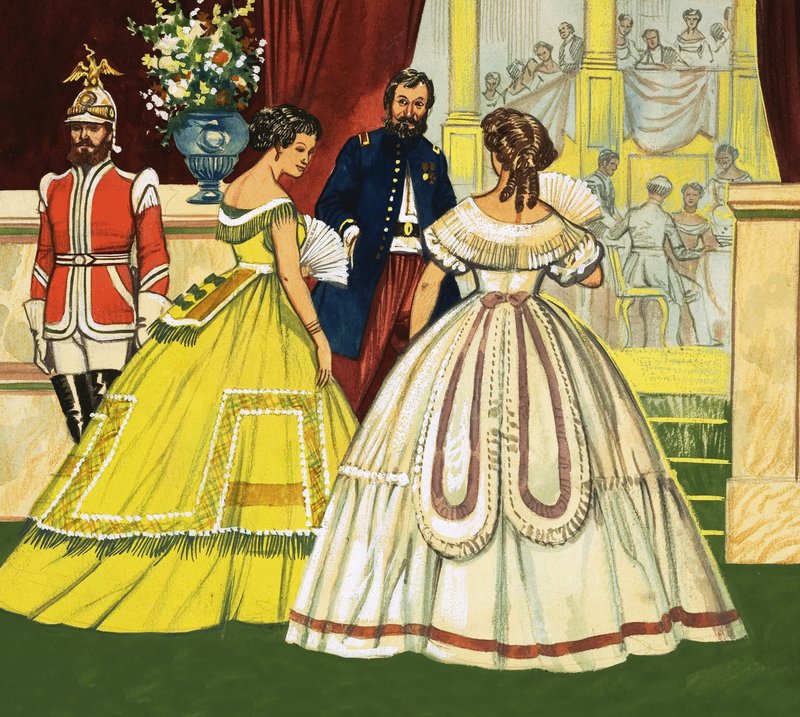 Tuntemattomat naiset juhlamekoissa osallistumassa tilaisuuteen (1800-luku) tekijältä English School