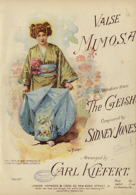 Valse Mimosa, melodiat The Geishasta, säveltäjä Sidney Jones ja sovitus Carl Kiefert (värilitho) tekijältä English School
