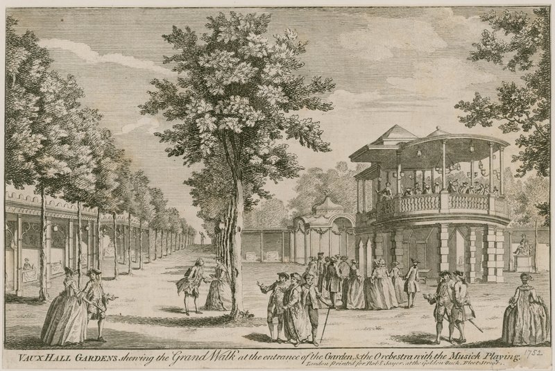 Vauxhall Gardens, Lontoo, jossa näkyy Grand Walk puutarhan sisäänkäynnillä ja orkesteri musiikin soidessa tekijältä English School