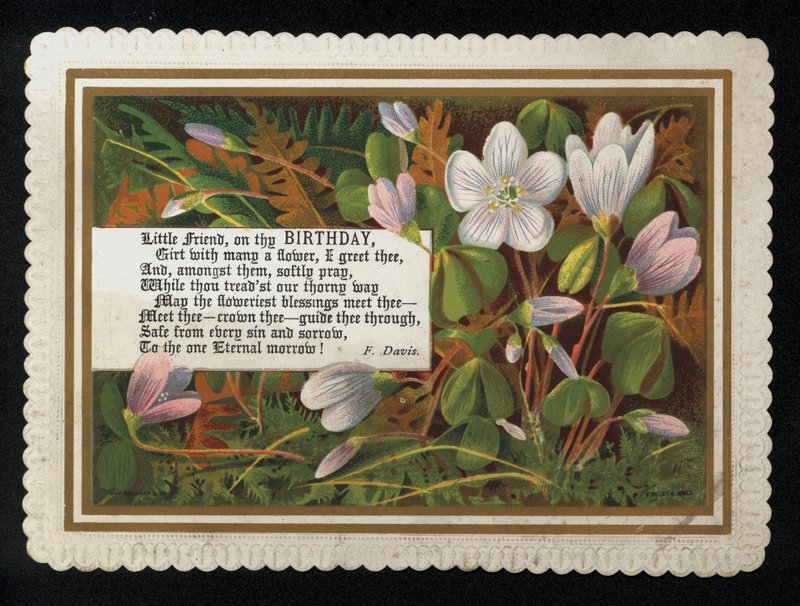 F Davisin säe ja kukat, syntymäpäiväonnittelukortti (chromolitho) tekijältä English School
