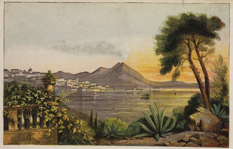 Vesuvius ja Napolinlahti, Italia (värillinen kaiverrus) tekijältä English School