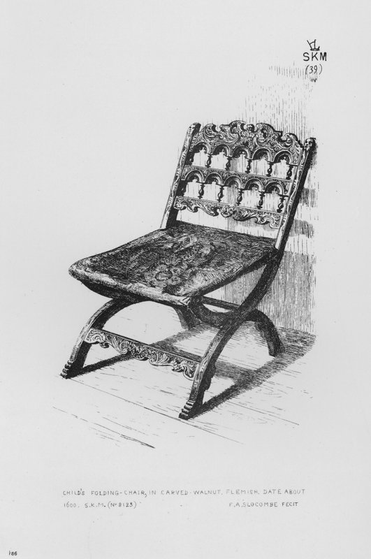 Victoria and Albert Museum: Lasten kokoontaitettava tuoli, kaiverrettu saksanpähkinä, flaami, päivämäärä noin 1600 (kaiverrus) tekijältä English School