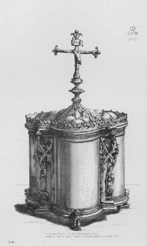 Victoria and Albert Museum: Chrismatory hopeakullattu, saksalainen, päivämäärä noin 1490 (kaiverrus) tekijältä English School