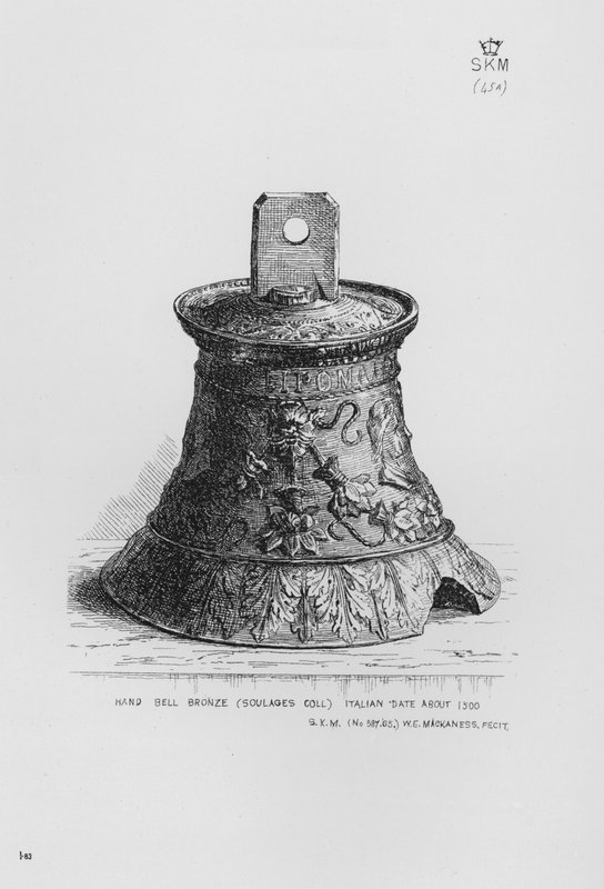 Victoria and Albert Museum: Hand Bell, pronssi, Soulages Coll, italia, vuodelta 1500 tekijältä English School