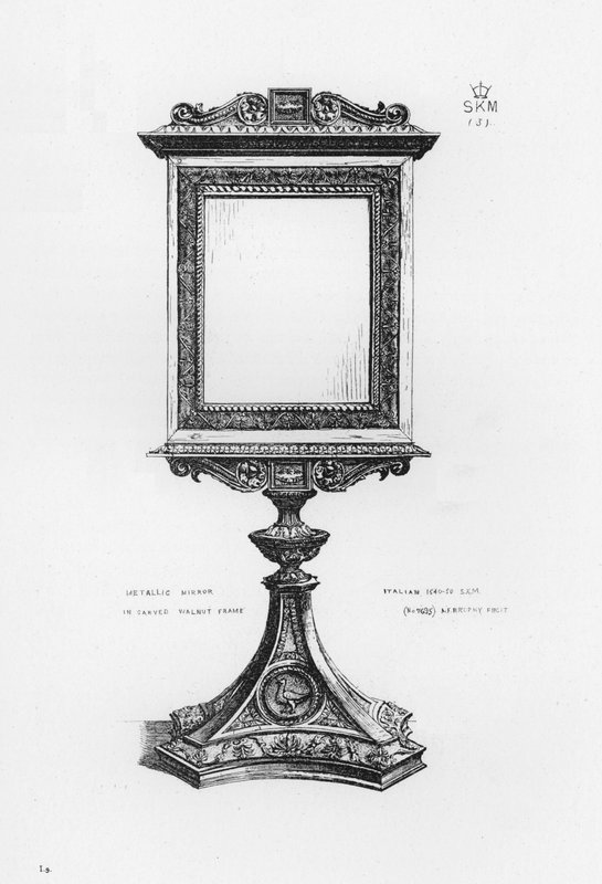Victoria and Albert Museum: Metallipeili veistetyssä pähkinäpuukehyksessä, italialainen tekijältä English School