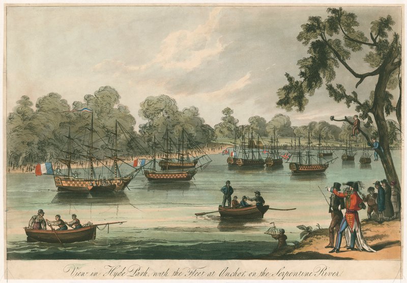 Näkymä Hyde Parkissa laivaston kanssa Anchorissa Serpentine-joella. Naumachia. Rauha 1814 (värillinen kaiverrus) tekijältä English School