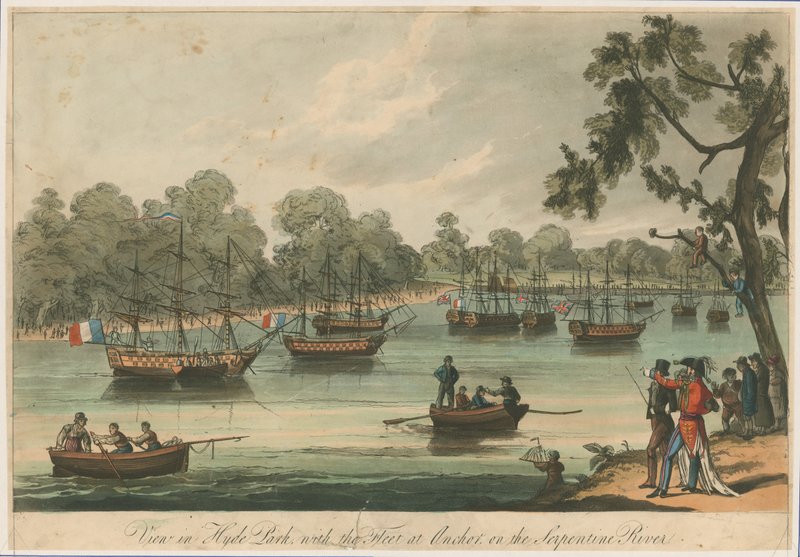Näkymä Hyde Parkissa laivaston kanssa Anchorissa Serpentine-joella. Naumachia. Rauha 1814 tekijältä English School