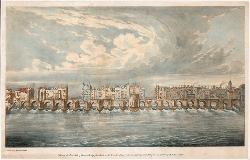 Näkymä Old London Bridgen itäpuolelle kuningatar Elisabet I:n hallituskaudella tekijältä English School