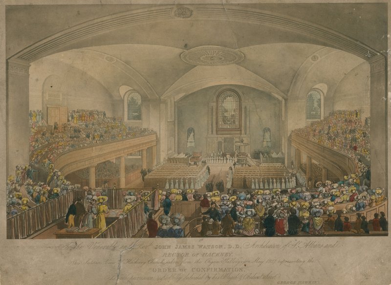Näkymä Hackneyn kirkolle urkugalleriasta toukokuussa 1827 tekijältä English School