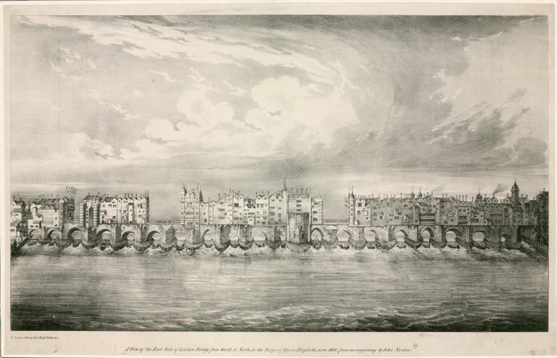 Näkymä Old London Bridgelle kuin kuningatar Elizabeth I:n hallituskaudella tekijältä English School