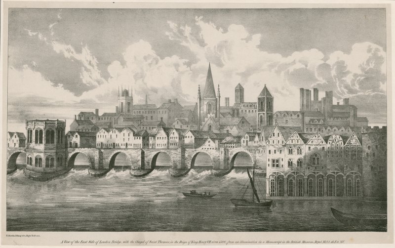 Näkymä Old London Bridgelle kuin kuningas Henrik VII:n hallituskaudella, noin 1500 tekijältä English School