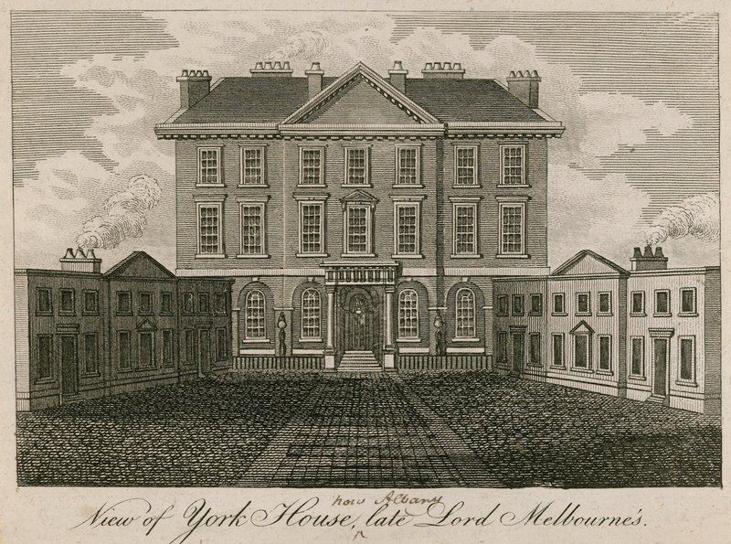 Näkymä York Houselle (myöhemmin Albany), edesmenneen Lord Melbournen talolle tekijältä English School