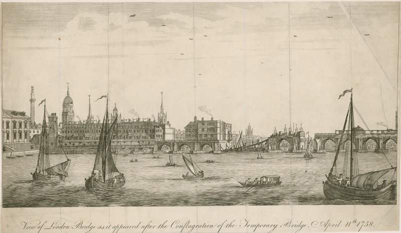 Näkymä vanhasta London Bridgestä sellaisena kuin se näytti vuoden 1758 palon jälkeen tekijältä English School