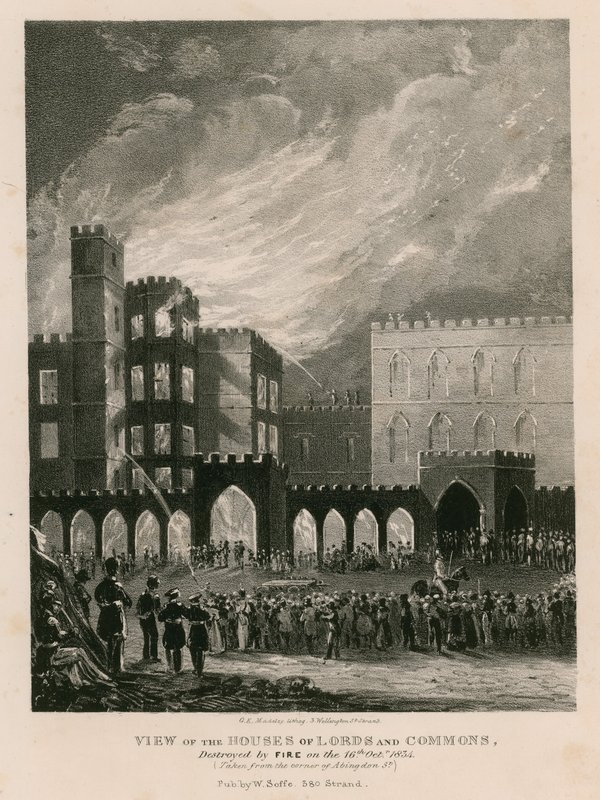 Näkymä Houses of Lords and Commonsista, jotka tuhoutuivat tulipalossa 16. lokakuuta 1834 tekijältä English School