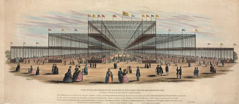 Näkymä rakennuksen sisäpuolelta Hyde Parkissa vuoden 1851 näyttelyä varten tekijältä English School