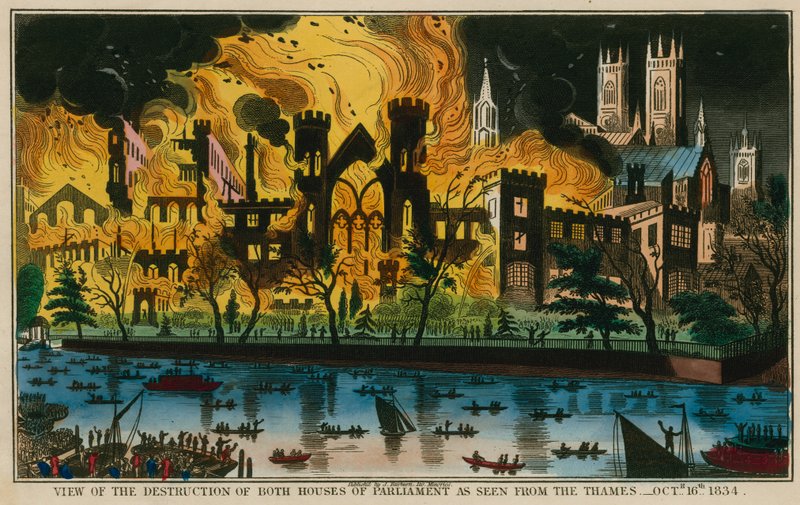 Näkymä molempien parlamenttihuoneiden tuhosta nähtynä Thames-joelta, 16. lokakuuta 1834 tekijältä English School