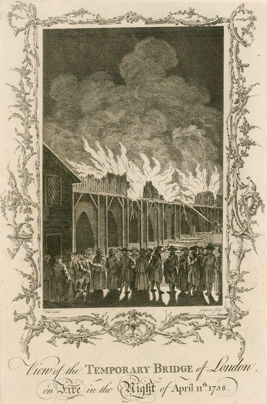 Näkymä tulessa olevasta Lontoon väliaikaisesta sillasta yöllä 11. huhtikuuta 1758 tekijältä English School