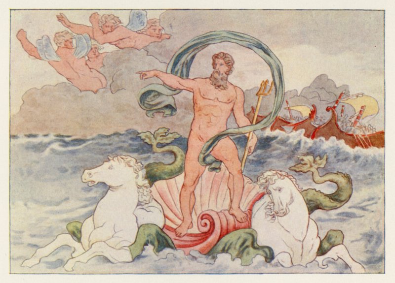 Vergilius Aeneis: Neptunus hiljentää aallot (väri litho) tekijältä English School