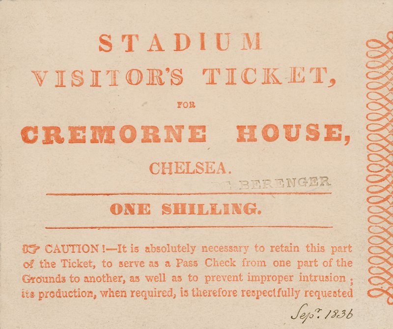 Vierailijalippu The Stadiumille, Cremorne House, Lontoo, syyskuu 1836 tekijältä English School