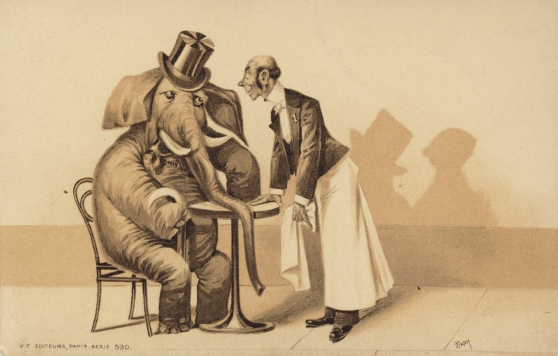 Tarjoilija palvelee norsua tekijältä English School