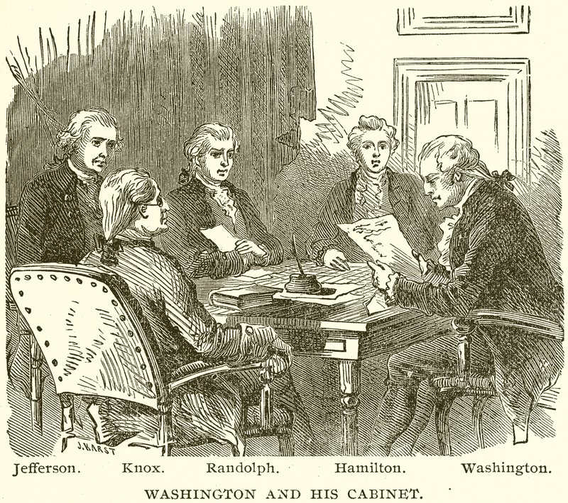 Washington ja hänen kabinettinsa. Jefferson. Knox. Randolph. Hamilton. Washington tekijältä English School