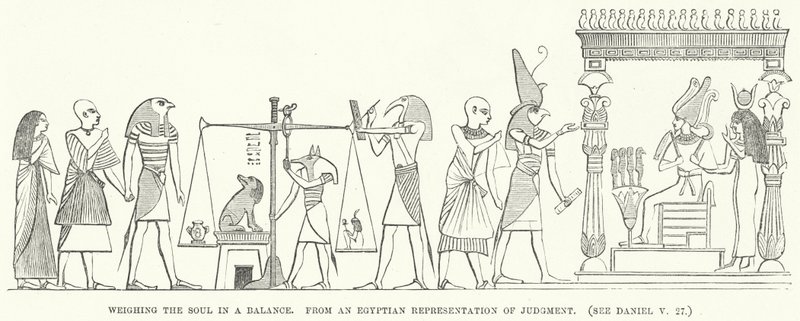 Sielun punnitseminen vaakalaudalla, egyptiläisestä tuomion esityksestä (kaiverrus) tekijältä English School