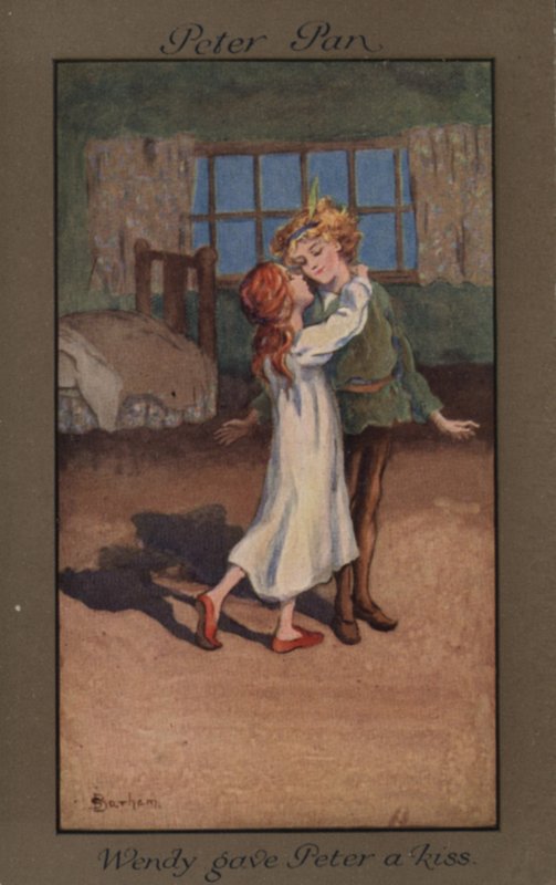 Wendy antaa Peter Panille suudelman (väri litho) tekijältä English School
