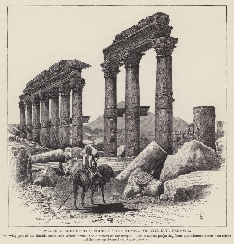Auringon temppelin raunioiden länsipuolta, Palmyra (kaiverrus). tekijältä English School