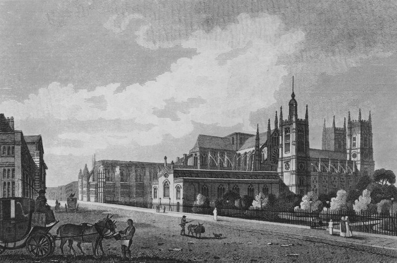 Westminster Abbey uusilla parannuksilla (kaiverrus) tekijältä English School