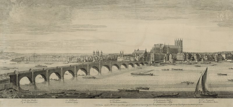 Westminster Bridge, Lontoo, otettu Mr Scheves Sugar Housesta, vastapäätä York Housea tekijältä English School