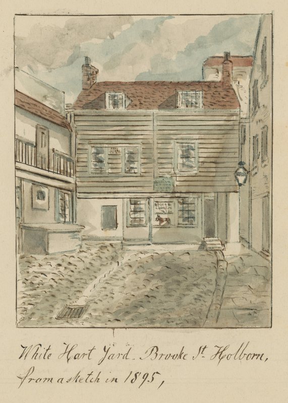 White Hard Yard, Brooke Street, Holborn, Lontoo, luonnos vuodelta 1895 (wc paperilla) tekijältä English School