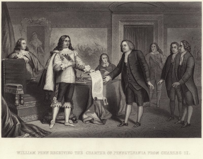 William Penn vastaanottaa Pennsylvanian peruskirjan Charles II:lta tekijältä English School