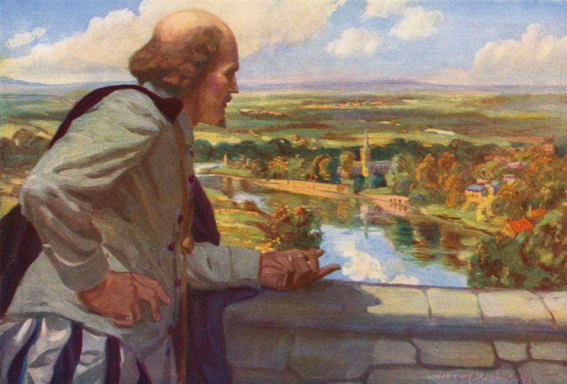 William Shakespeare katselee Englantiin (värilitho) tekijältä English School