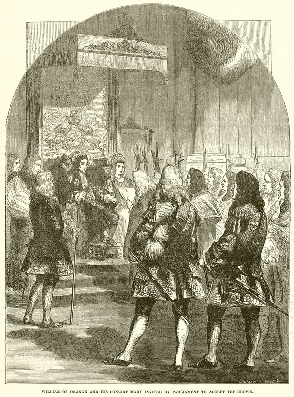 William of Orange ja hänen puolisonsa Mary ovat parlamentin kutsumia ottamaan vastaan kruunun tekijältä English School