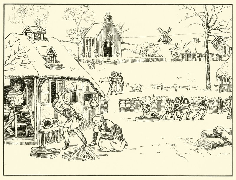 Talvimaisema kylässä. 14th Cent (muste paperille) tekijältä English School
