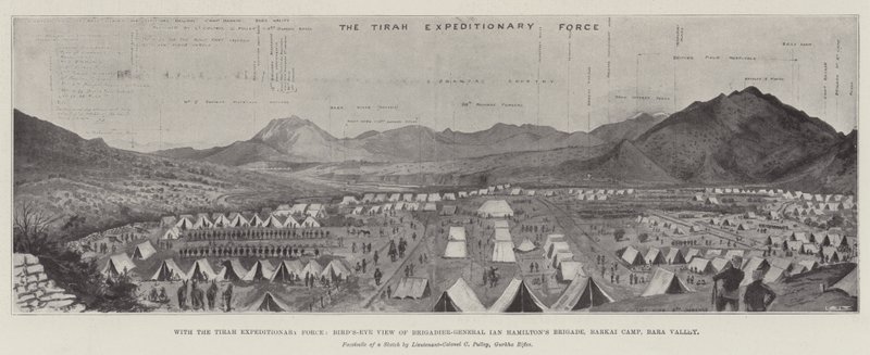 Tirah Expeditionary Force, lintuperspektiivistä prikaatikenraali Ian Hamiltonin prikaati, Barkain leiri, Bara Valley (litho) tekijältä English School