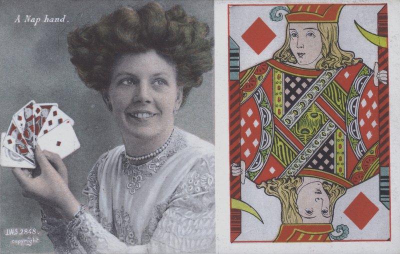 Nainen pelikorteilla ja Jack of Diamonds (väri litho) tekijältä English School