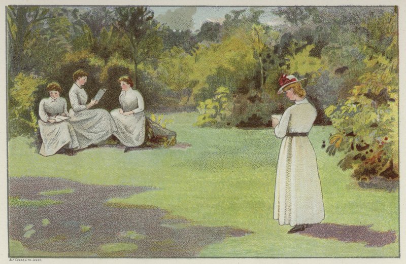 Naiset rentoutumassa rauhallisessa Bournvillen nurkassa Birminghamissa (chromolitho) tekijältä English School