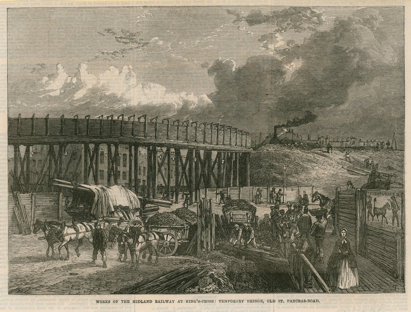 Työskentelee Midland Railwaylla Kings Crossissa Lontoossa; väliaikainen silta, Old St Pancras Road tekijältä English School