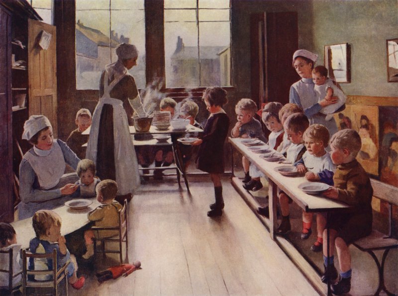 Pienet lapset ruokailun yhteydessä päiväkodissa (väri litho) tekijältä English School
