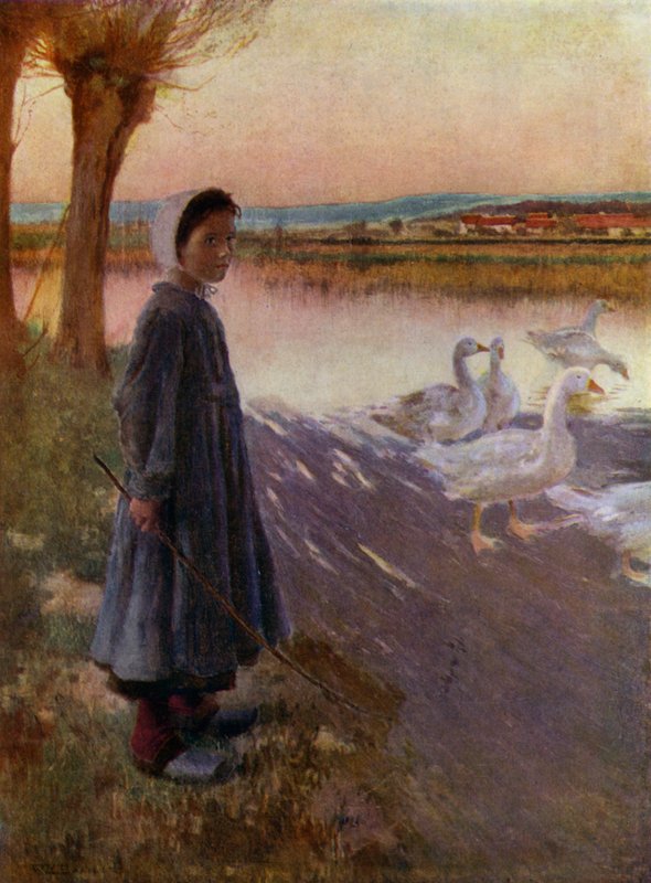 Nuori tyttö hoitaa hanhilaumaa (väri litho) tekijältä English School