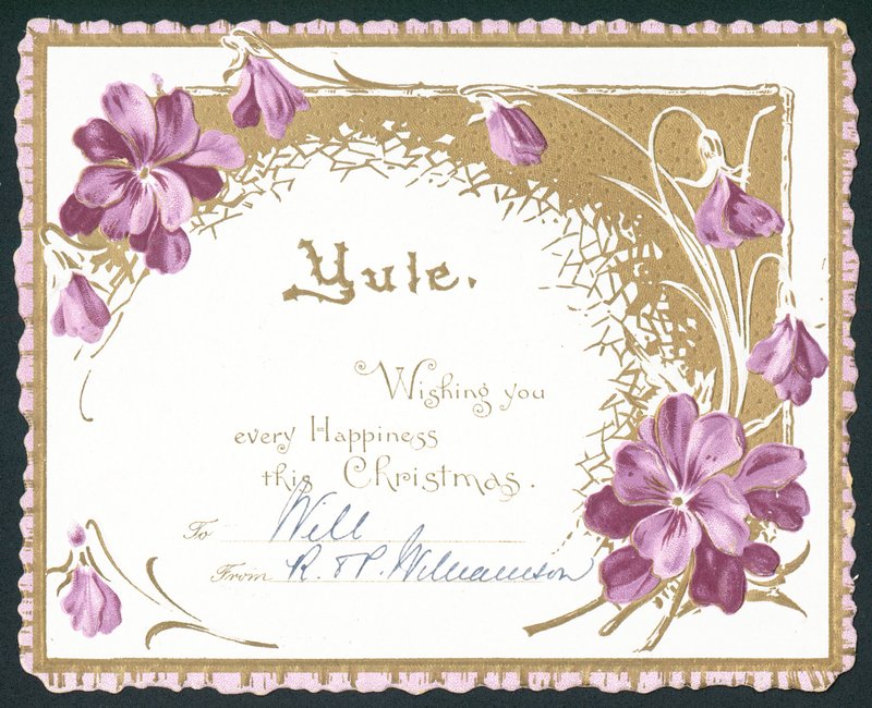 Yule, violetit kukat, joulukortti tekijältä English School