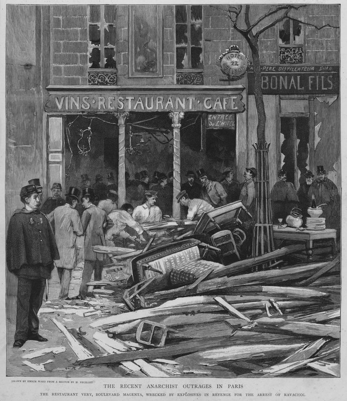 Anarkistinen terrori Pariisissa: Boulevard de Magenta -ravintolan pommitukset kostoksi Ravacholin pidätyksestä, 25. huhtikuuta 1892 (litho) tekijältä Enoch Ward