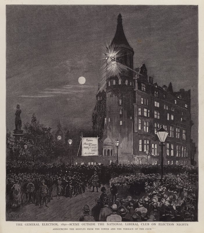 Liberal Clubin vuoden 1892 yleisvaalien tulosilmoitus, Westminster, Lontoo (litho) tekijältä Enoch Ward