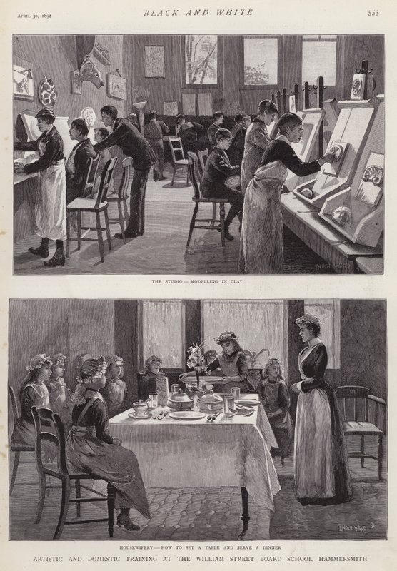 Taiteellinen ja kotimainen koulutus William Street Board Schoolissa, Hammersmith, Lontoo (litho) tekijältä Enoch Ward