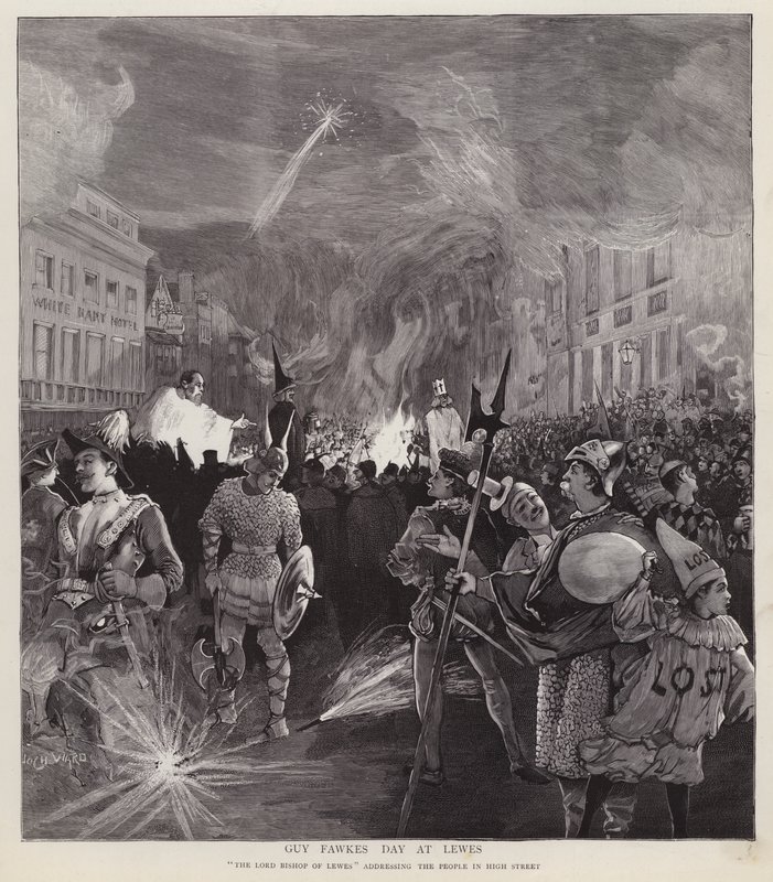 Guy Fawkesin päivän kulkue Lewesissä, Sussexissa, 5. marraskuuta 1892 (litho) tekijältä Enoch Ward