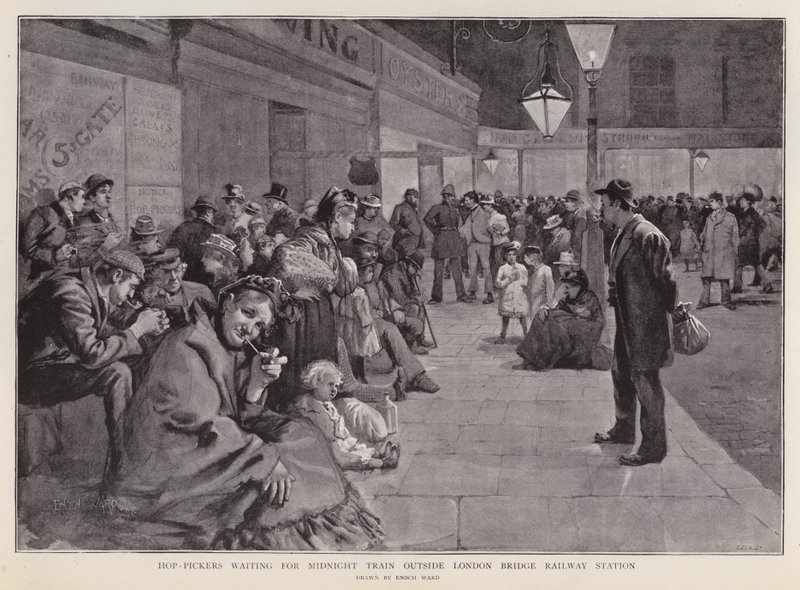Humalarit odottavat London Bridgen aseman ulkopuolella keskiyön junaa Kentiin (litho) tekijältä Enoch Ward