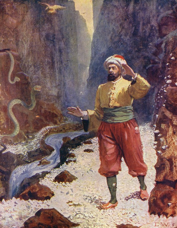 Sindbad timanttien laaksossa (värilitografia) tekijältä Enoch Ward